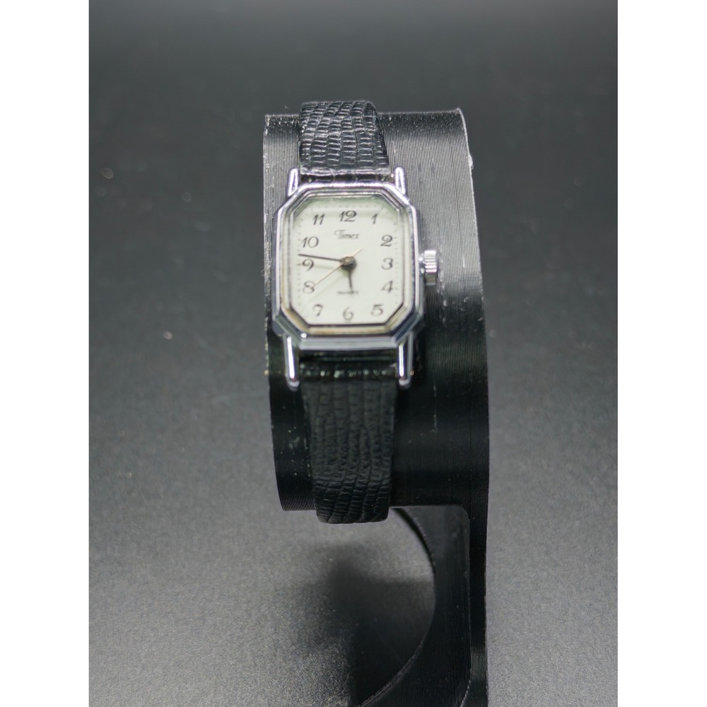 Vintage Timex Ladies Quartz Watch, Square Case, Black Lizard Leather Band